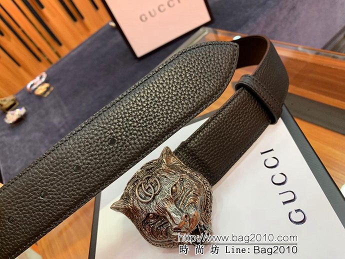 GUCCI古馳 官網爆款 正品規格 原單品質 進口荔枝紋 古金老虎扣頭 男士皮帶  xfp1320